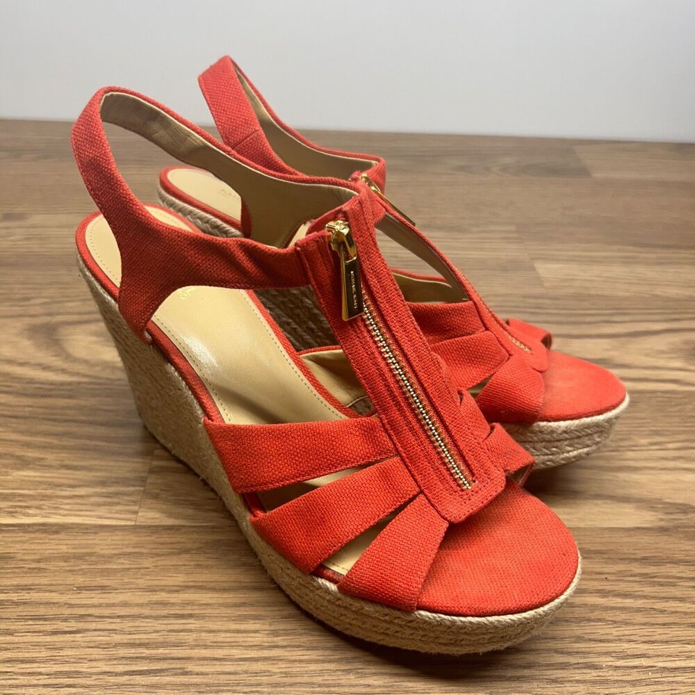 Michael Kors Berkley Canvas Wedge Sandal Womens Size 9.5‎ M Orange Espadrilles